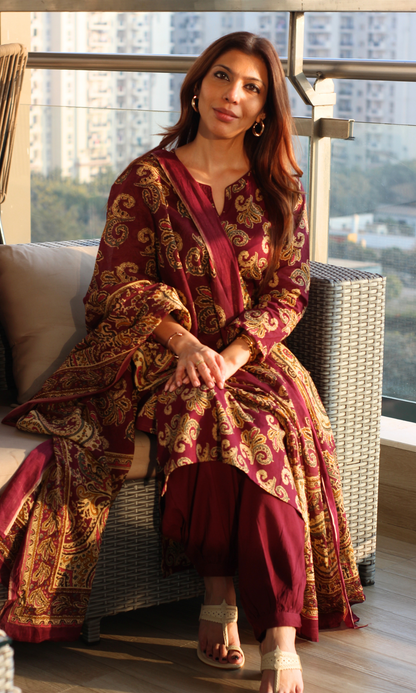 Burgundy Kashni Gul Printed Cotton Kurta, Dupatta & Afghani Style Pant