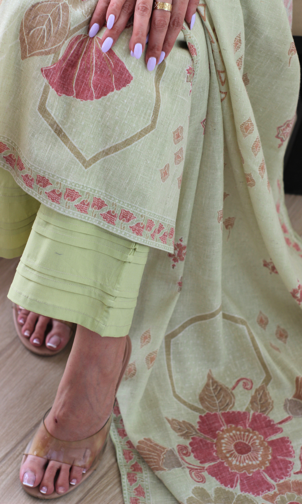 Mint Sand Linen Blend Printed Kurta, Dupatta & Cotton Pants