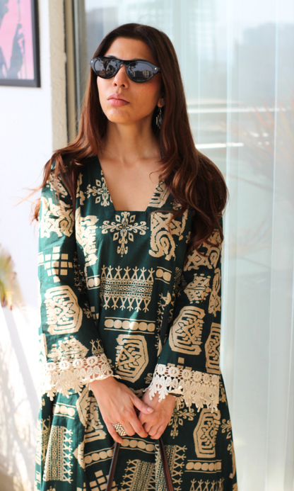 Dark Green Tribal Print Kali Kurta with Cotton Pants