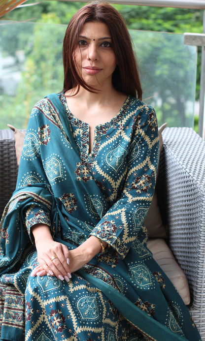 Teal Royale Ajrakh Print Cotton Kurta, Dupatta & Plain Pants