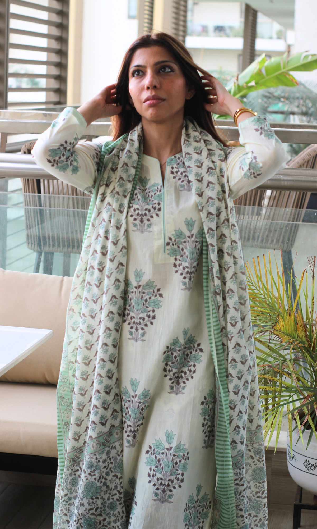Jade Petal Mughal Print Cotton Kurta, Afghani Pant and Mul Printed Dupatta