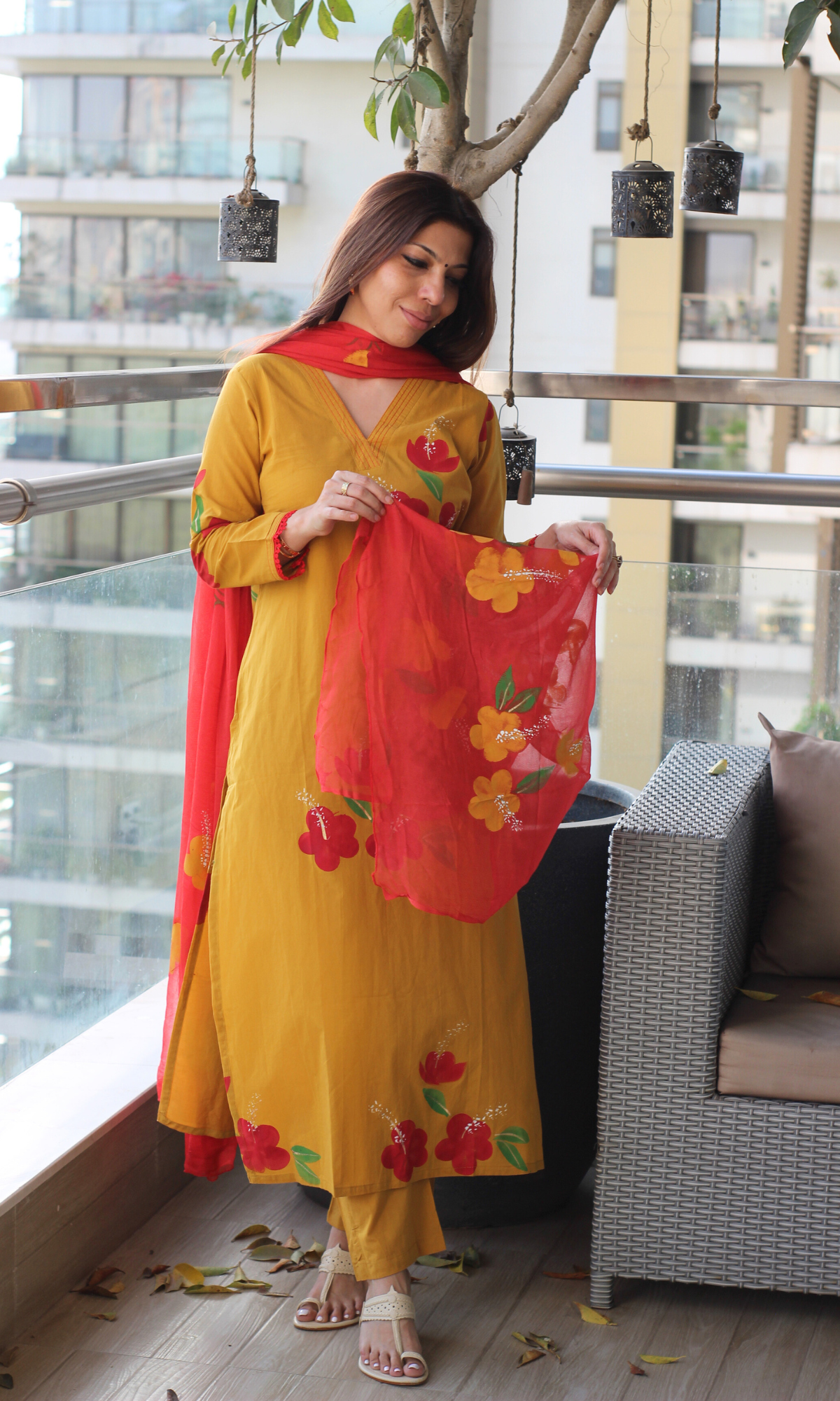 Yellow & Red Handbrush Painted Kurta, Chiffon Handpainted Dupatta & Cotton Pants
