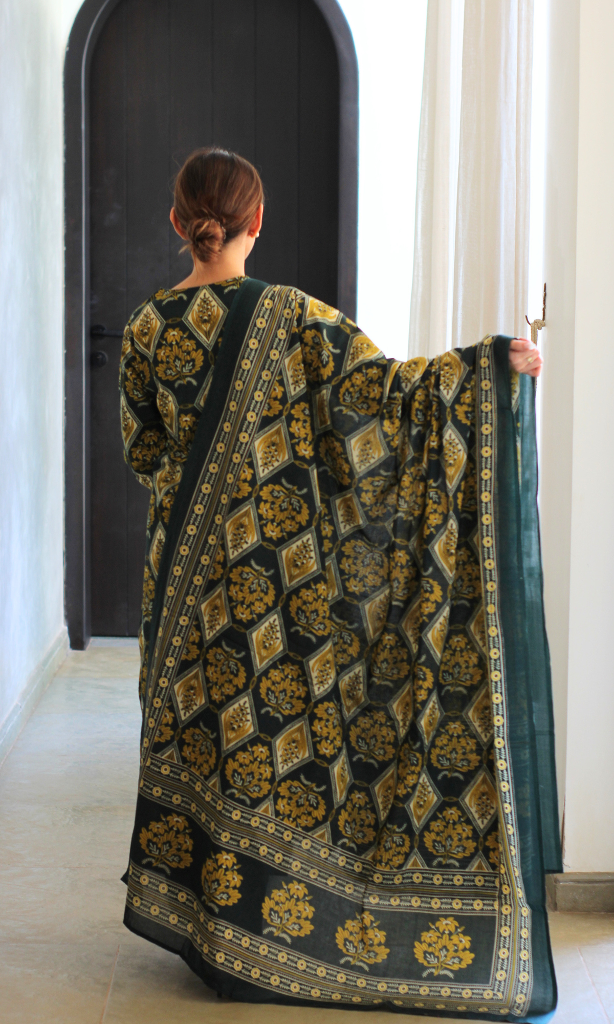 Deep Forest & Yellow Leaf Block Print Kurta, Dupatta & Cotton Pants