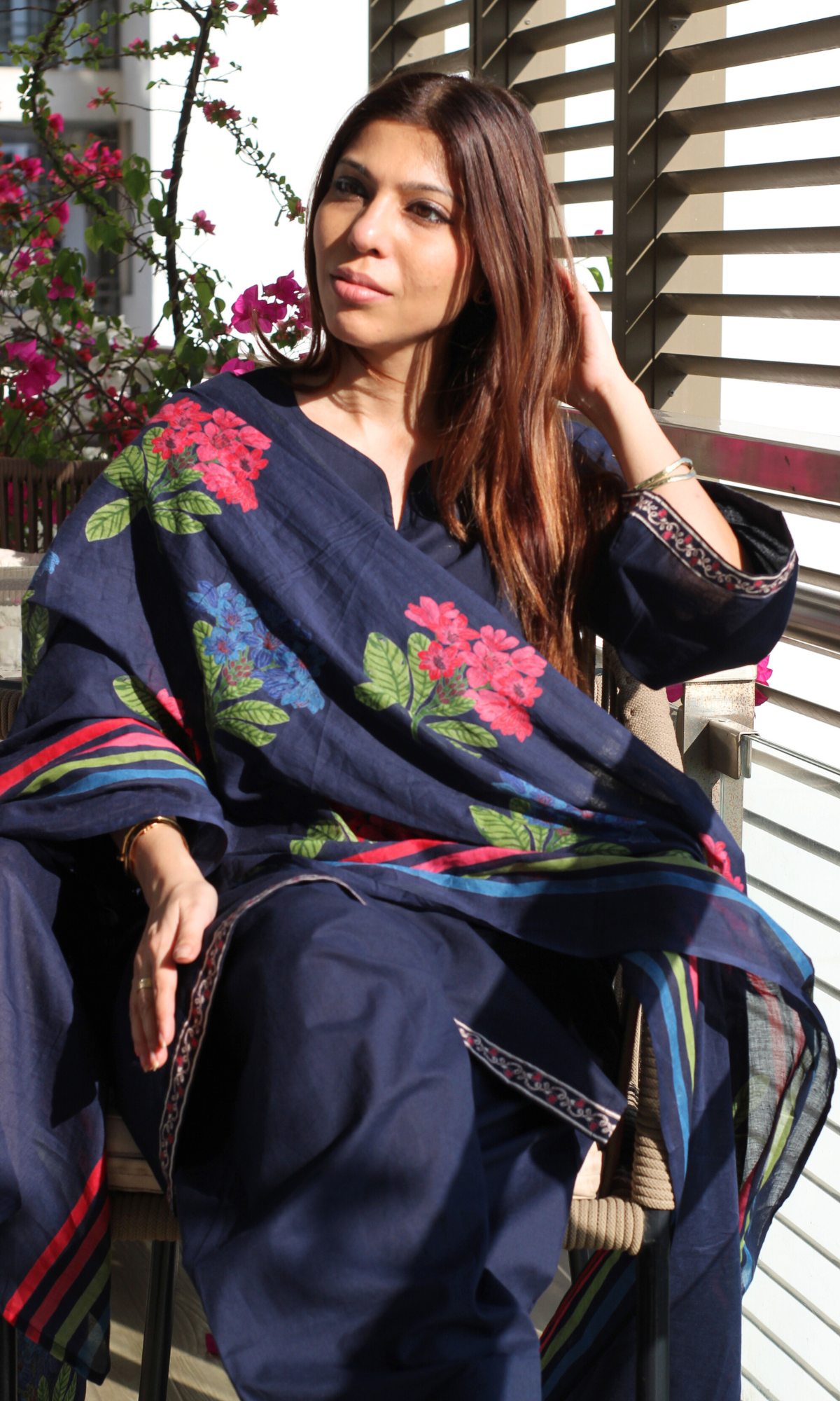 Cotton Navy Heena Kurta, Farshi Salwaar & Printed Mul Dupatta