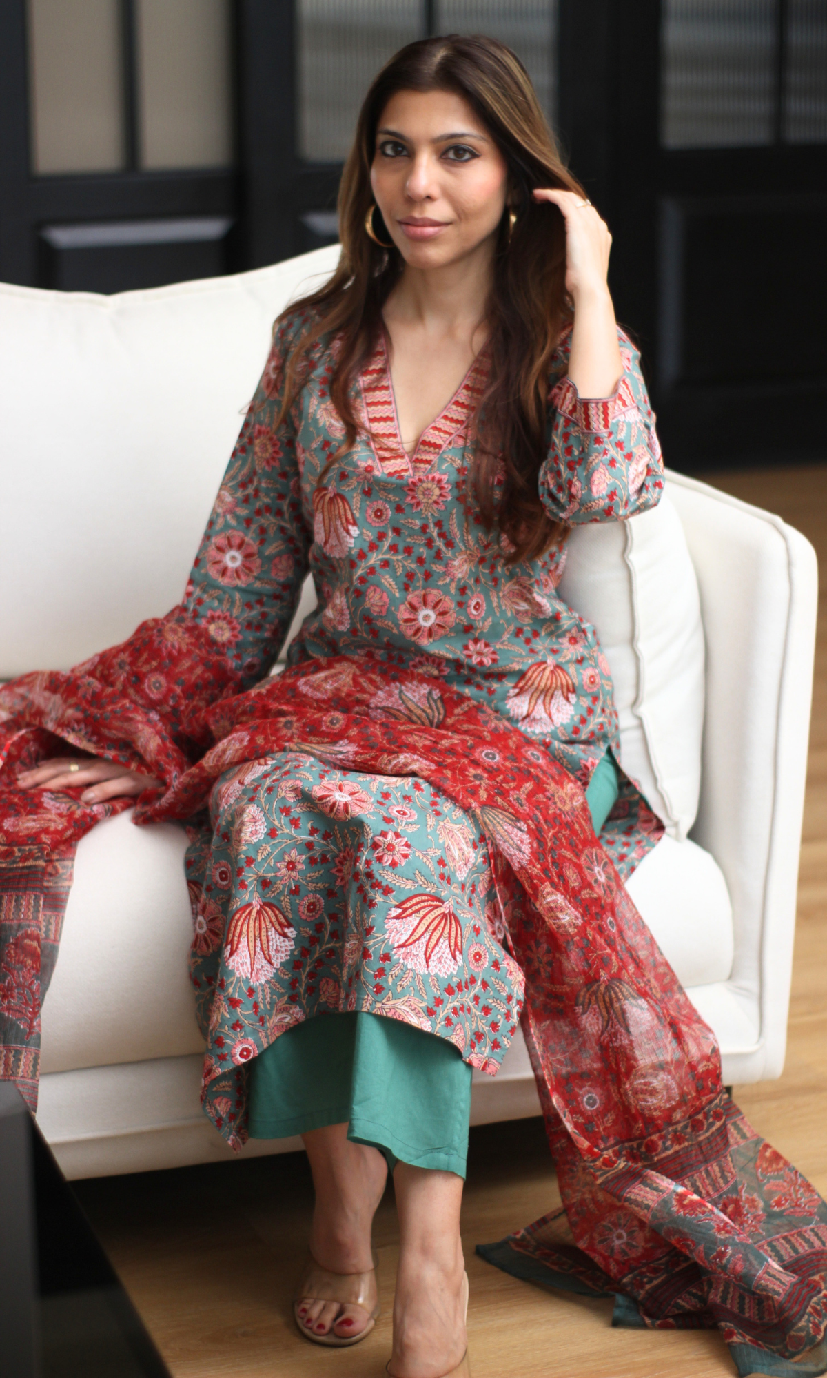 Roz Meher Block Print Kurta, Cotton Pants & Kota Doria Block Print Dupatta