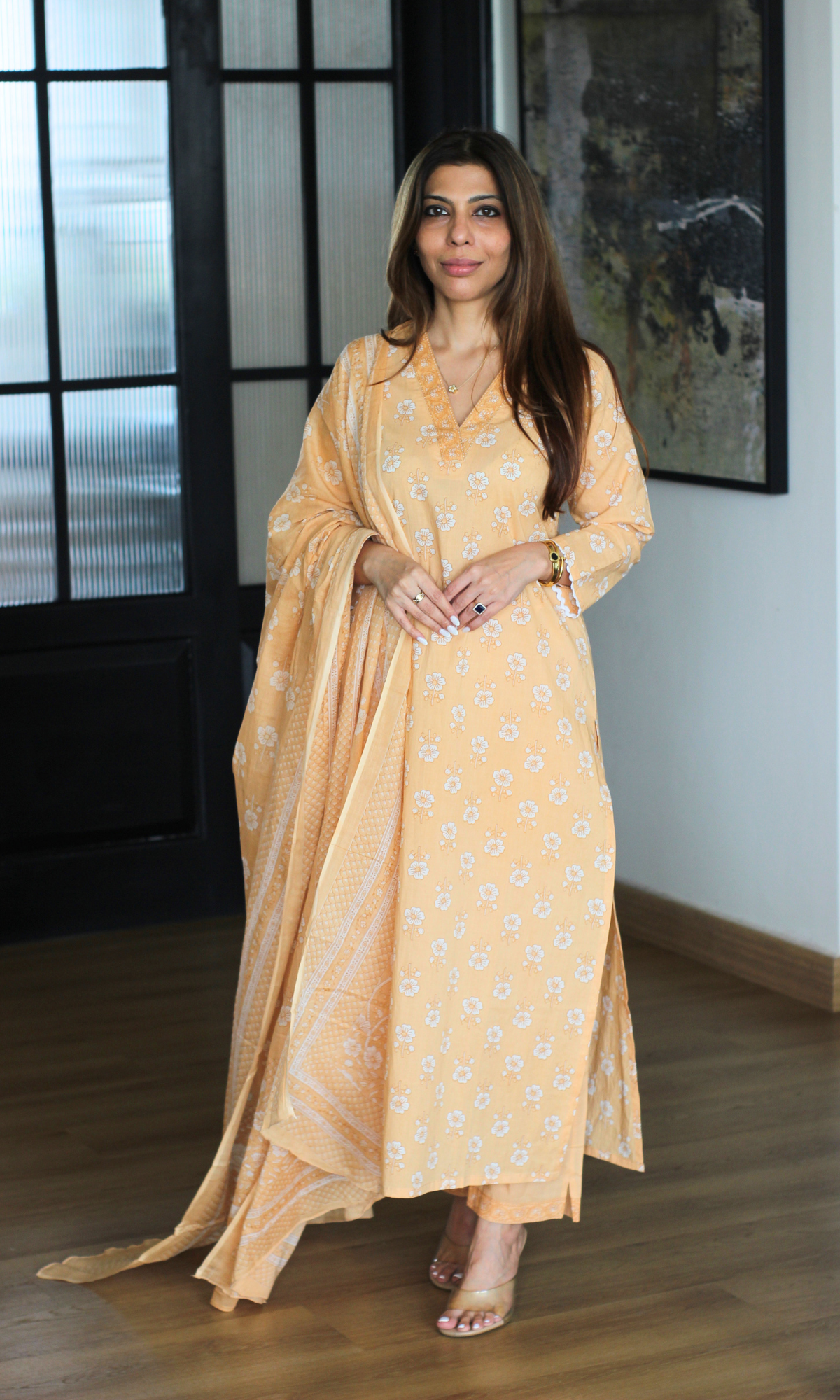 Melon Block Print Kurta, Dupatta & Cotton Pants
