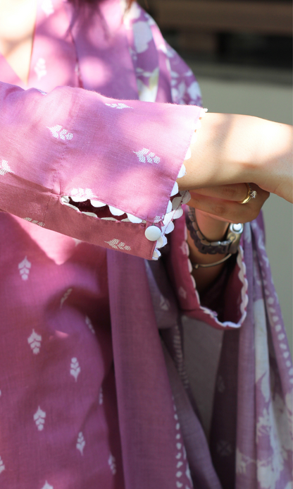 Cotton Blush Pink Dobby Kurta, Cotton Pants & Printed Dupatta