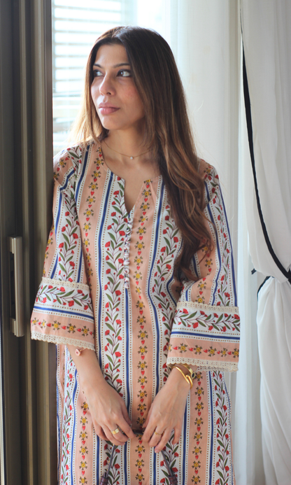 Peach Kinari Block Print Kurta with Farshi Salwaar
