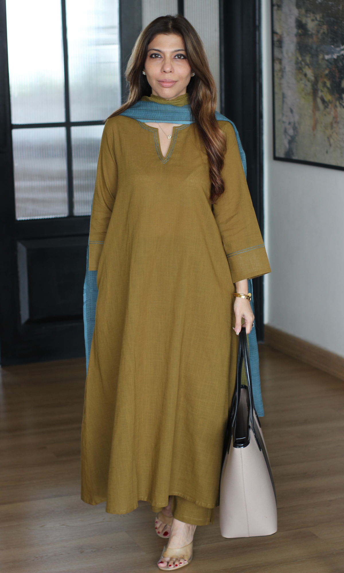 Mehandi Cotton Slub Kali Kurta, Pant & Handpainted Dupatta