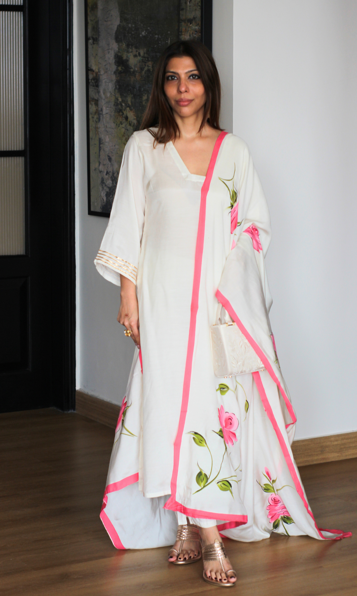 Rosette Ivory Muslin Silk Suit with Muslin Hand Brush Painted Dupatta