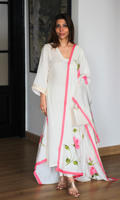 Rosette Ivory Muslin Silk Suit with Muslin Hand Brush Painted Dupatta