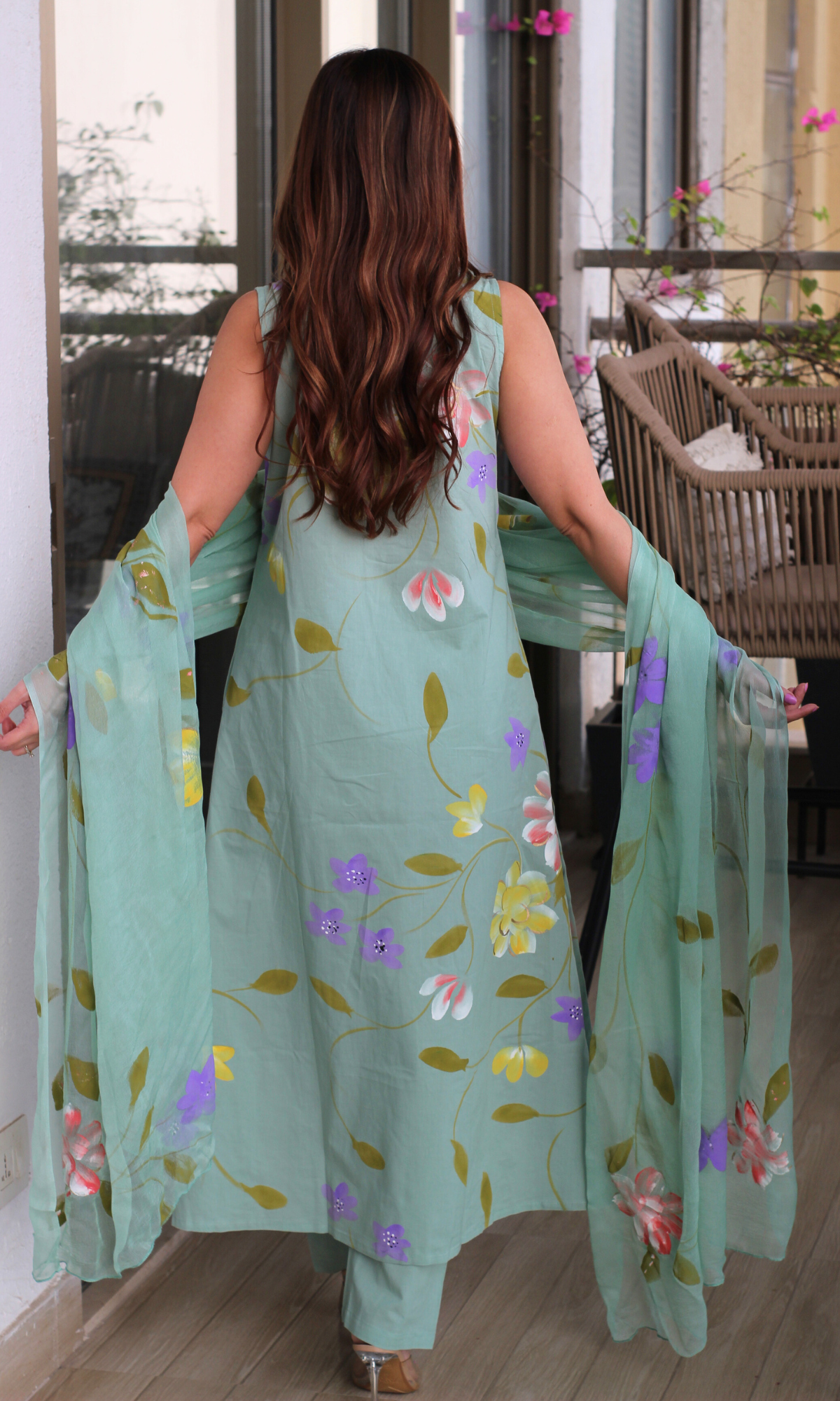 Cotton Mint Blossom Handpainted A line Sleeveless Kurta, Chiffon Handpainted Dupatta & Cotton Pants