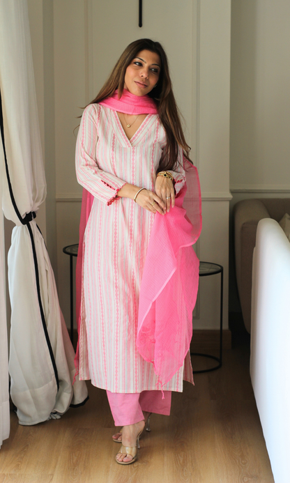 Off white & Pink Lurex Kurta, Cotton Pants & Kota Doria Dupatta