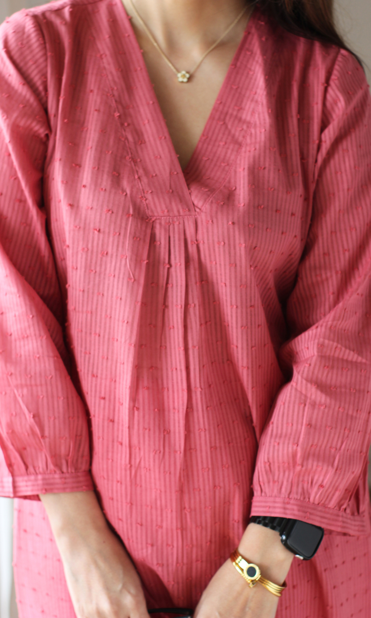 Salmon Cotton Dobby Pleated Kurta with Cotton Pants