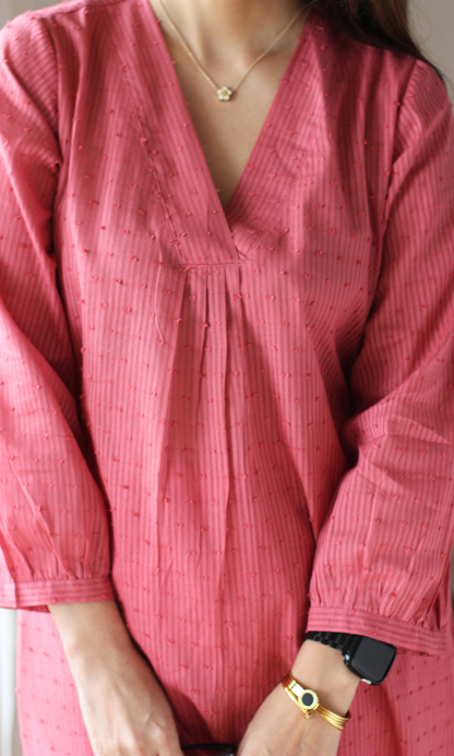 Salmon Cotton Dobby Pleated Kurta with Cotton Pants