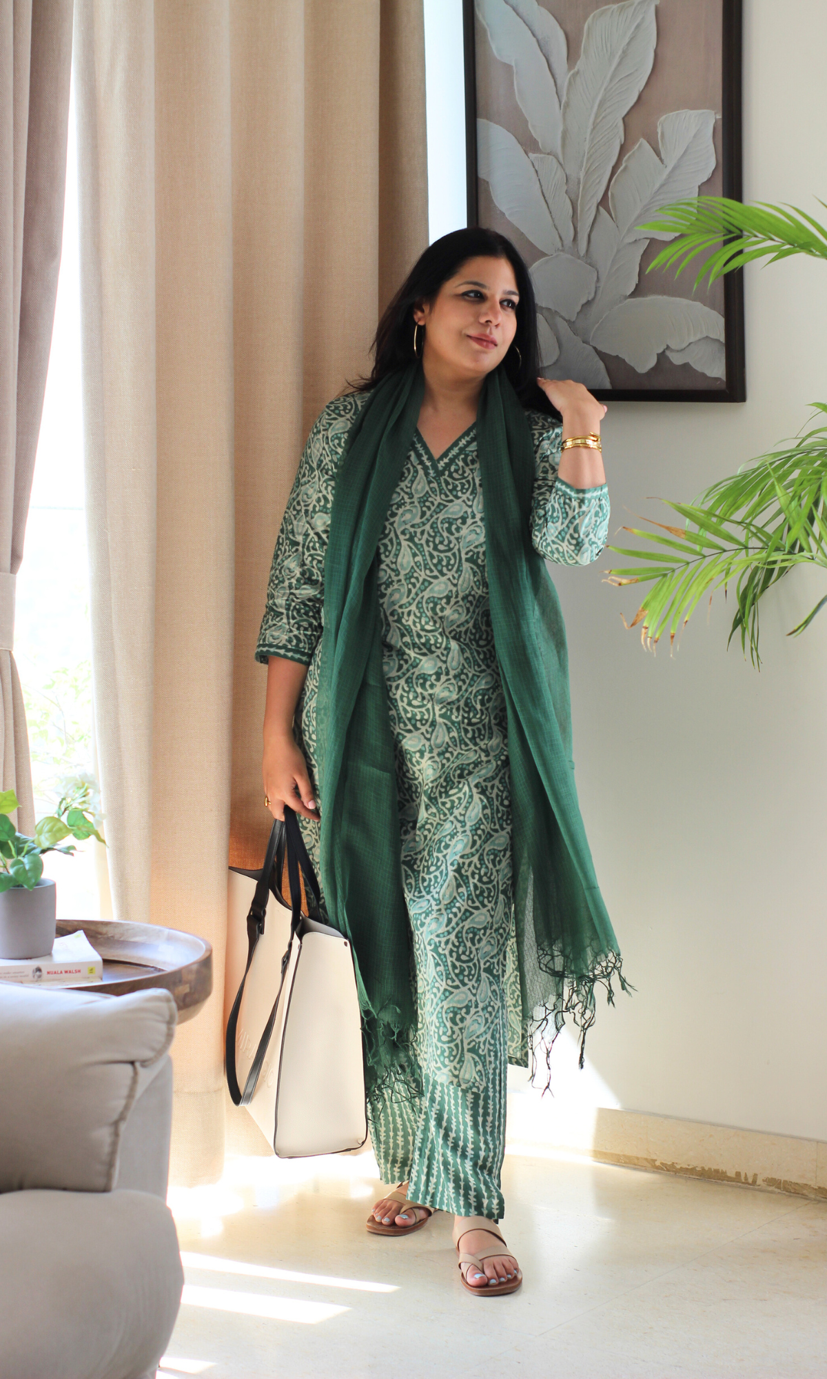 Earthy Green Dabu Printed Kurta , Pant & Kota Doria Dupatta