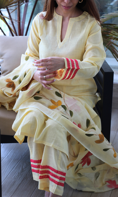 Pale Yellow Slub Kurta, Pant with Cotton Handpainted Dupatta