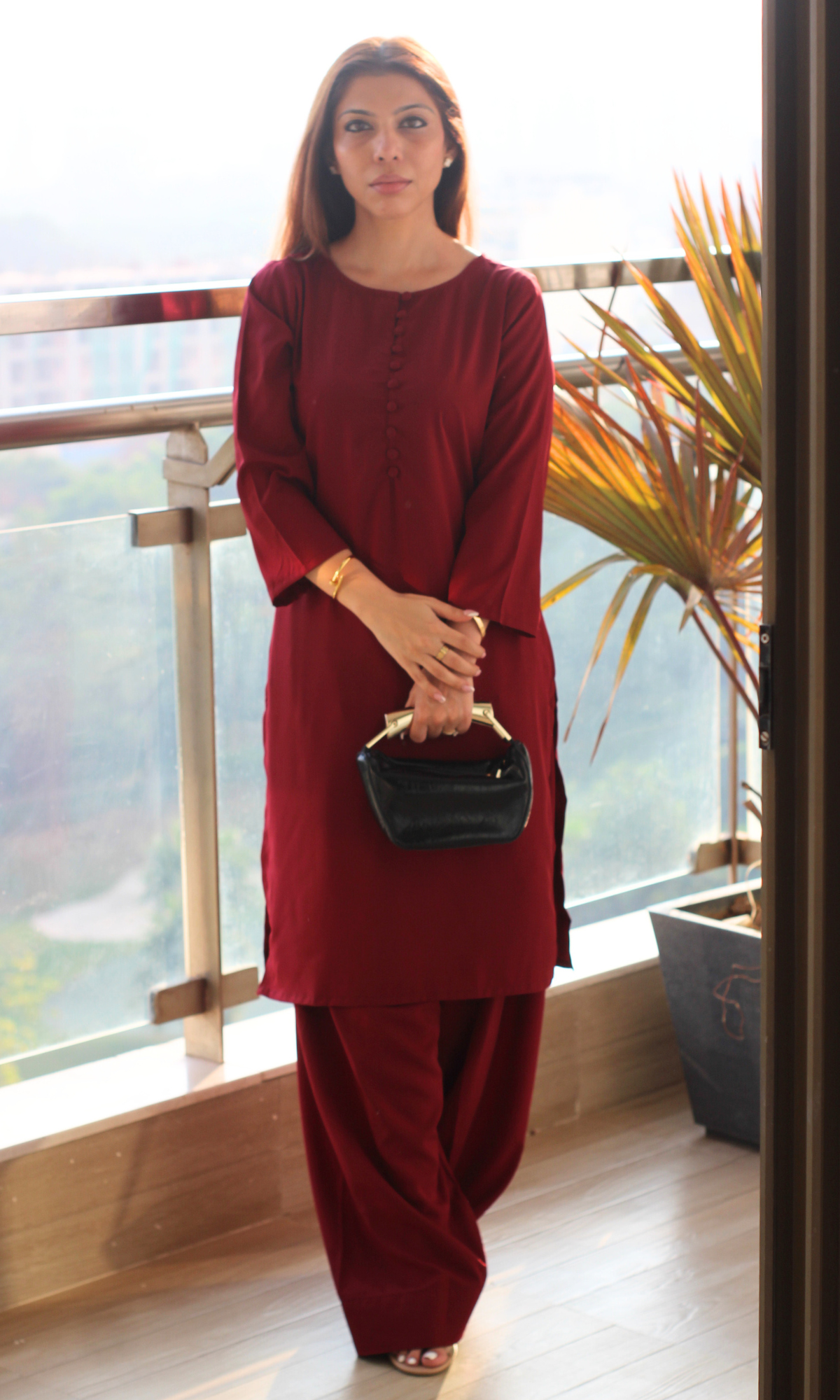 Ruby Glossy Boat Neck Buttoned Kurta with Farshi Salwaar