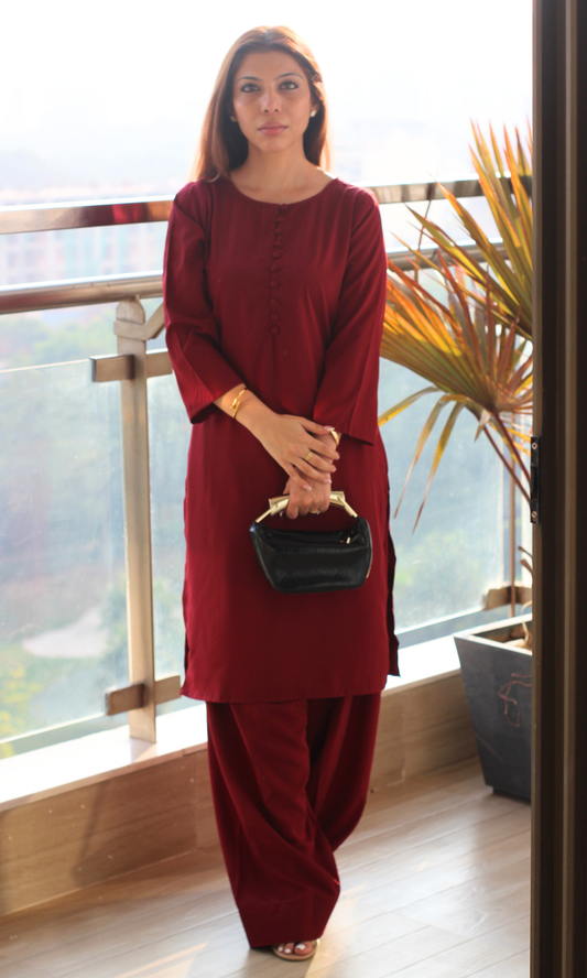 Ruby Glossy Boat Neck Buttoned Kurta with Farshi Salwaar