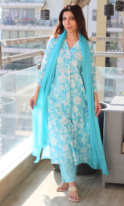 Cotton Blue Botanika Printed Suit with Chiffon Dupatta