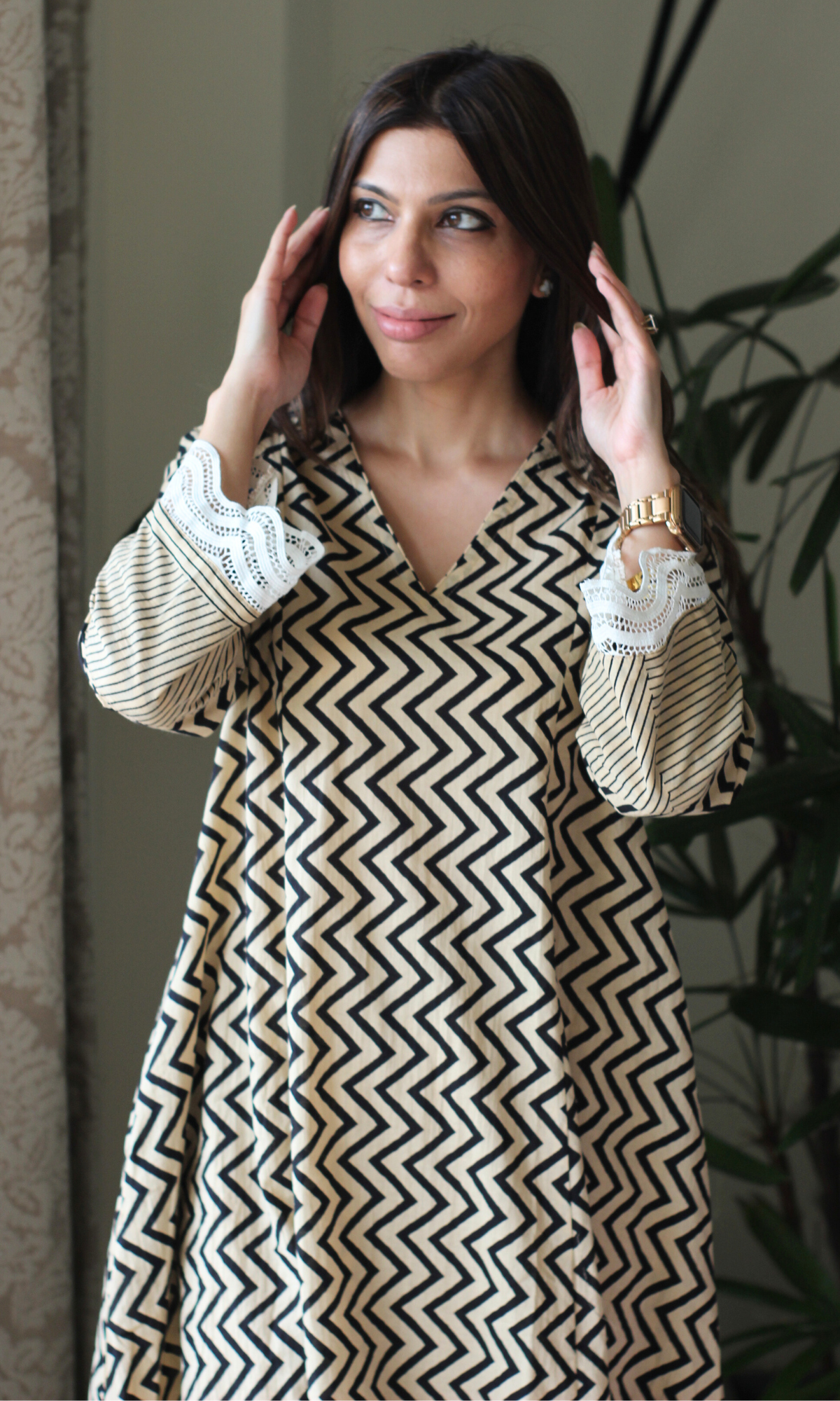 Cotton Handblock Black Zig Zest High Low Kurta & Pallazo