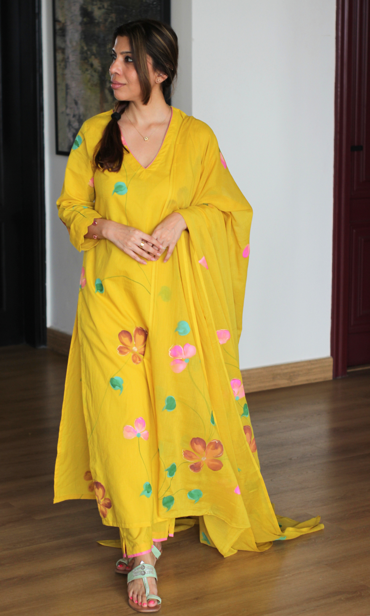 Genda Phool Cotton Handbrush Painted Kurta, Dupatta & Cotton Pants