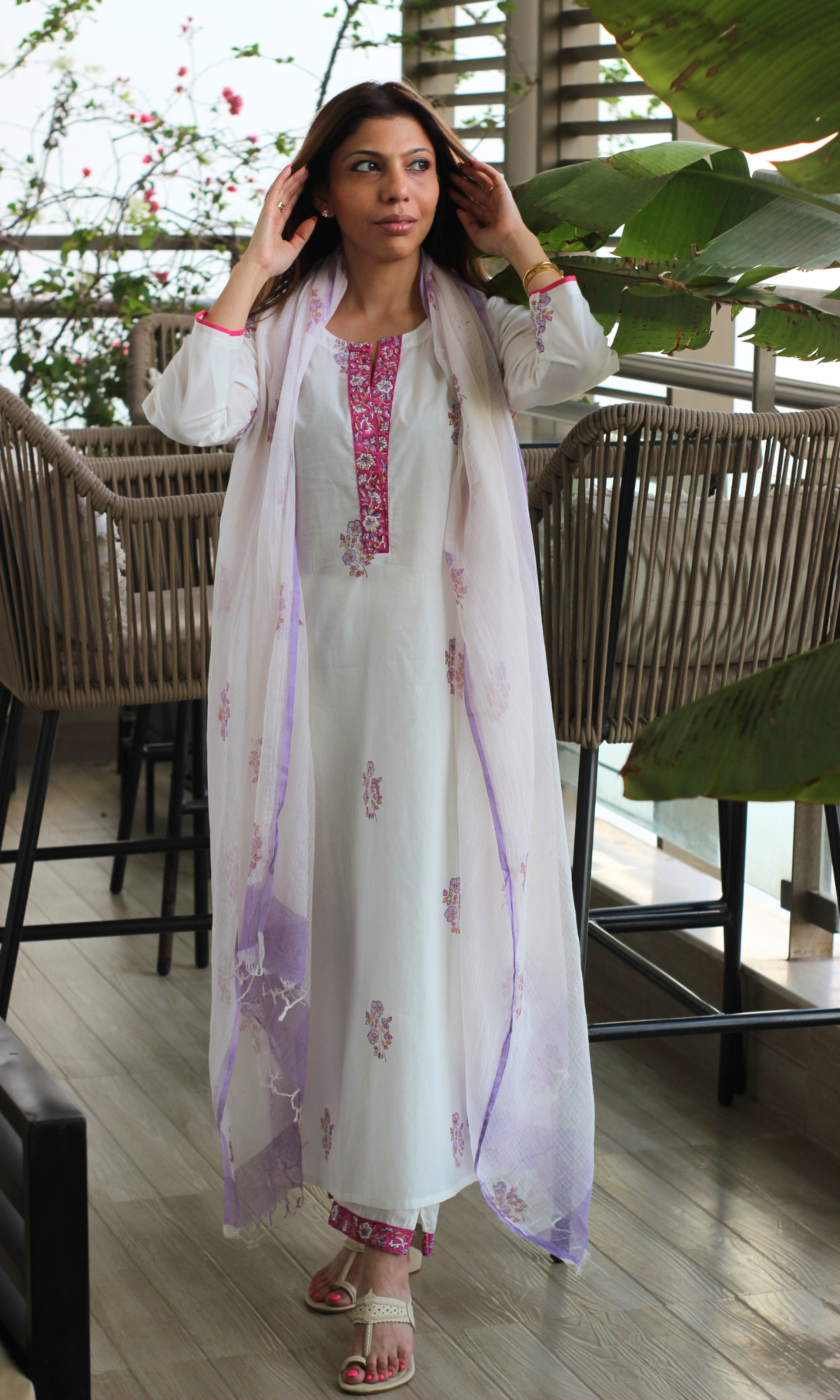 Leela Ivory Mughal Print Kurta, Pant & Kota Doria Handblock Print Dupatta