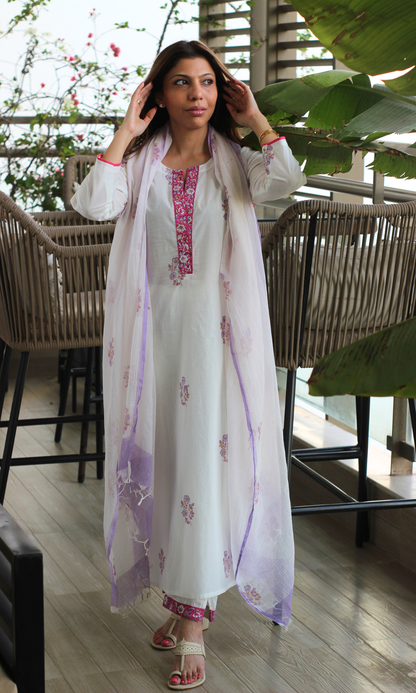 Leela Ivory Mughal Print Kurta, Pant & Kota Doria Handblock Print Dupatta