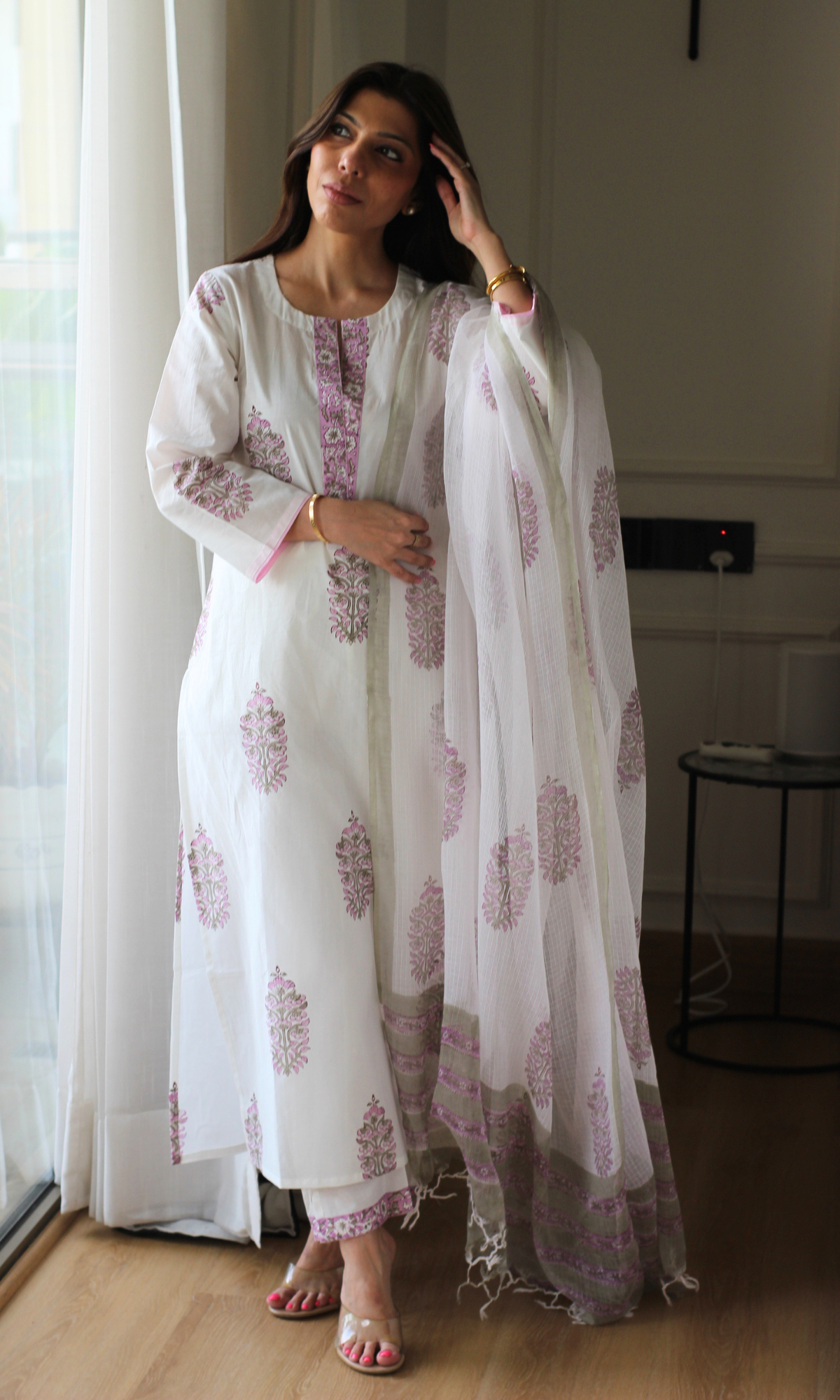 Suhaani Mughal Pearl Cotton Kurta , Pant & Kota Doria Handblock Print Dupatta