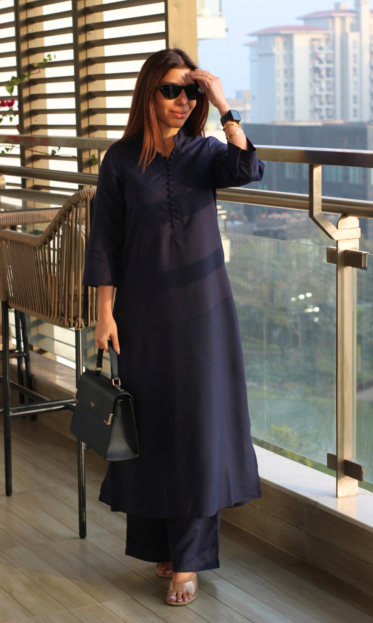 Navy Blue Collared Buttoned Kurta with Pallazo Pants