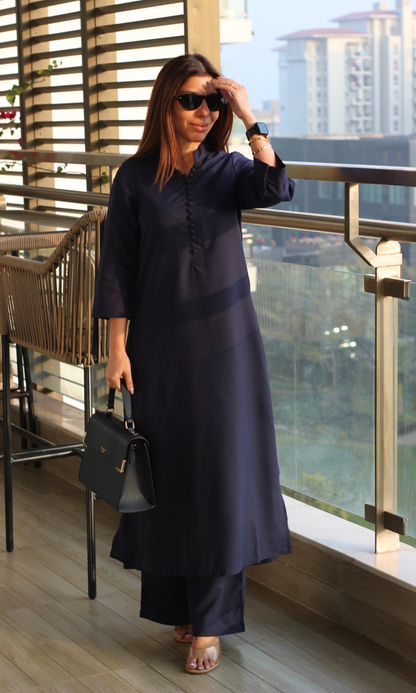 Navy Blue Collared Buttoned Kurta with Pallazo Pants