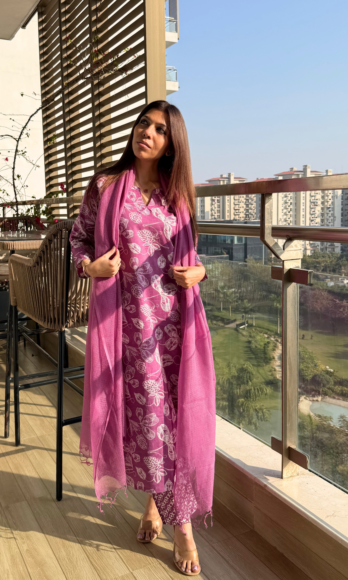 Cotton Mulberry Petal Print Kurta, Pant & Kota Doria Dupatta