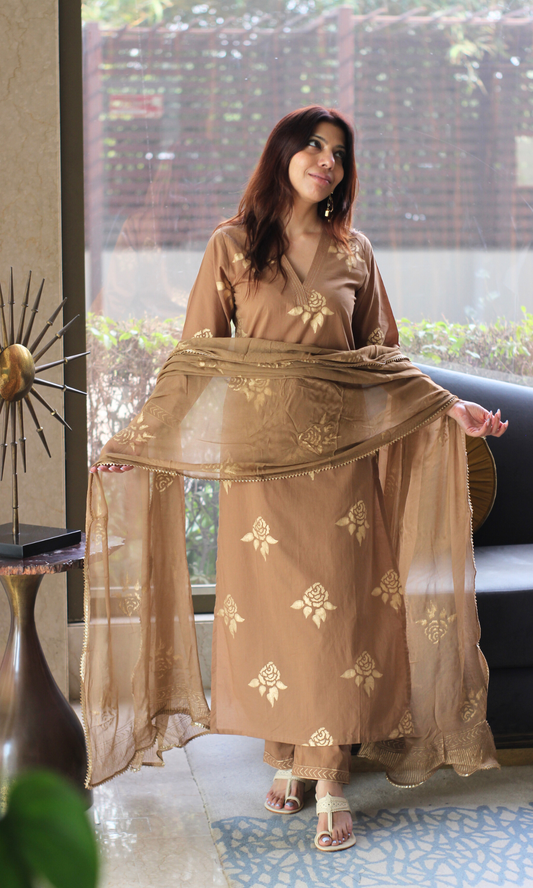 Cotton Hand Block Mocha Gold Mughal Print Suit with Chiffon Printed Laced Dupatta