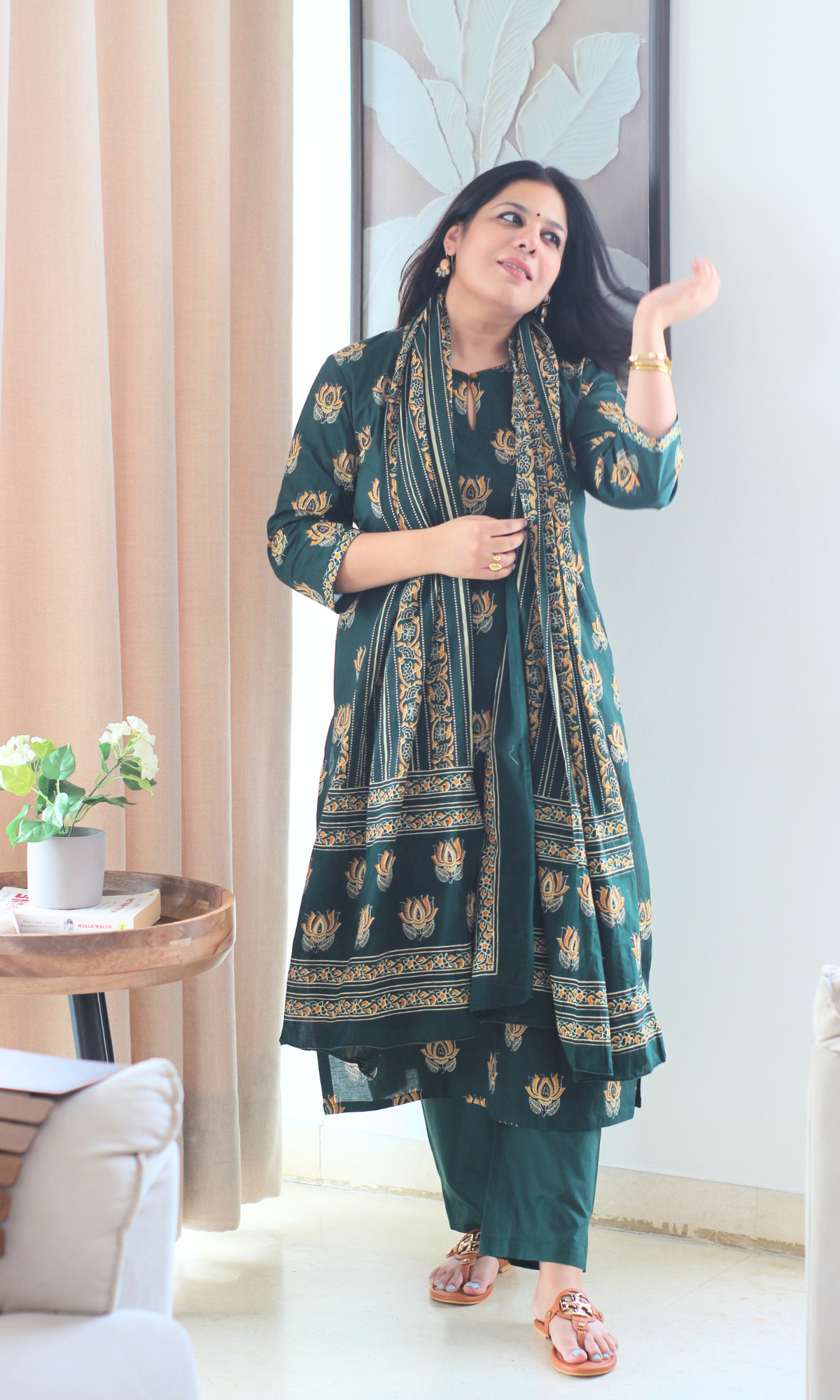 Cotton Green Lotus Mughal Kurta, Dupatta & Cotton Pants