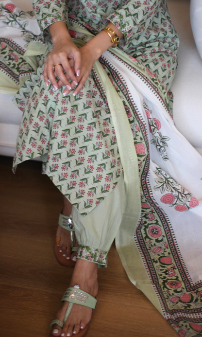 Sage Garden Block Print Kurta, Dupatta & Cotton Afgani Pants