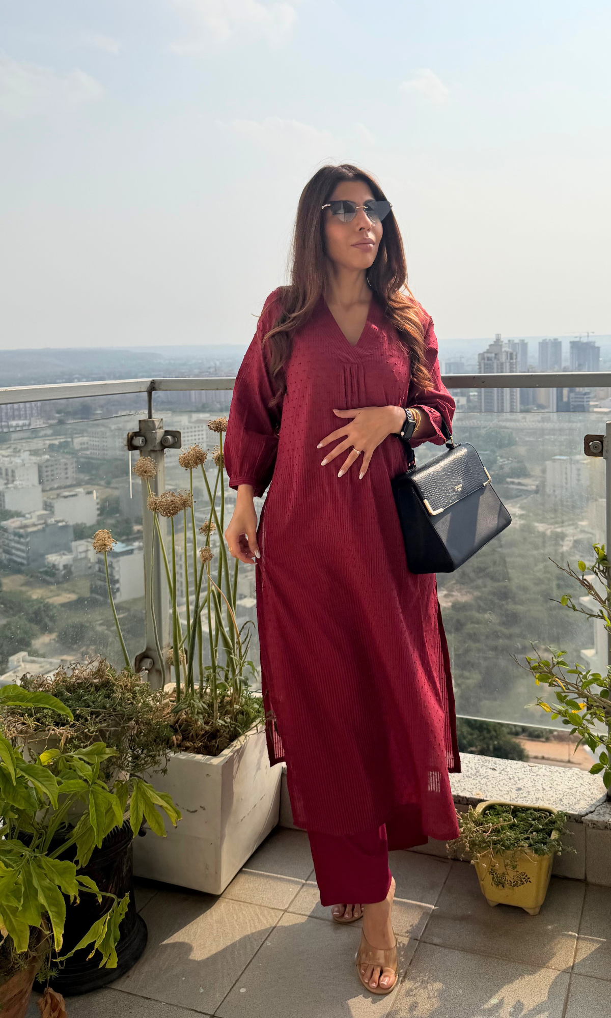 Mulberry Cotton Dobby Pleated Kurta with Cotton Pants