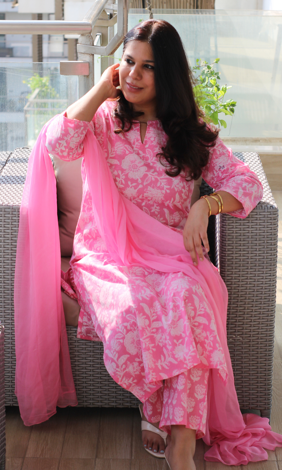 Pink Zara Cotton Printed Kurta, Pant & Chiffon Dupatta