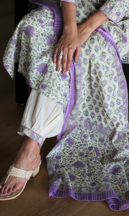 Lavender Garden Block Print Cotton Kurta, Afghani Pant and Mul Printed Dupatta