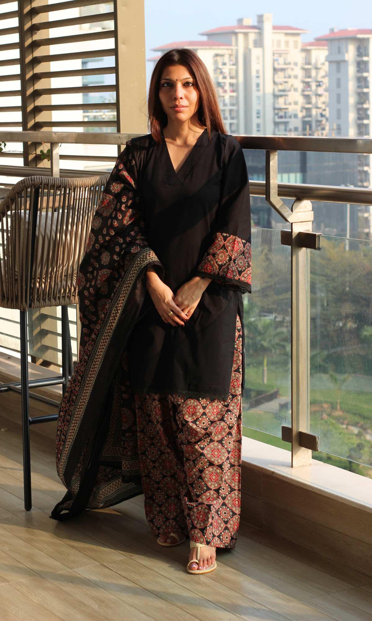 Cotton Black Kurta , Ajrakh Farshi Salwaar with Cotton Printed Dupatta