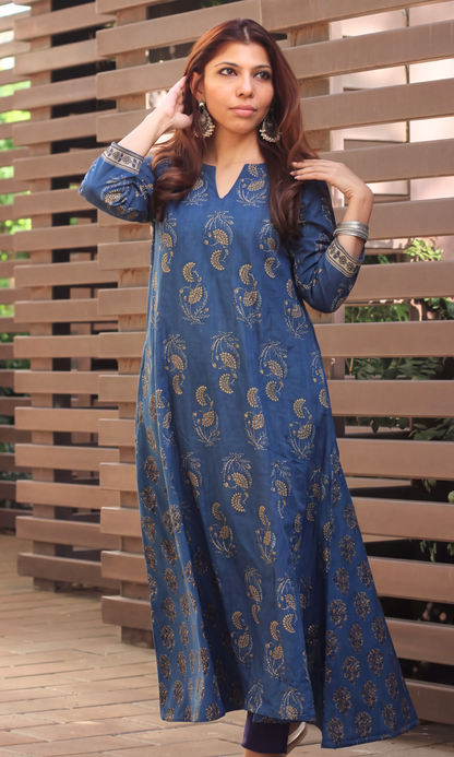 Earthy Blue Mughal Print Kali Kurta