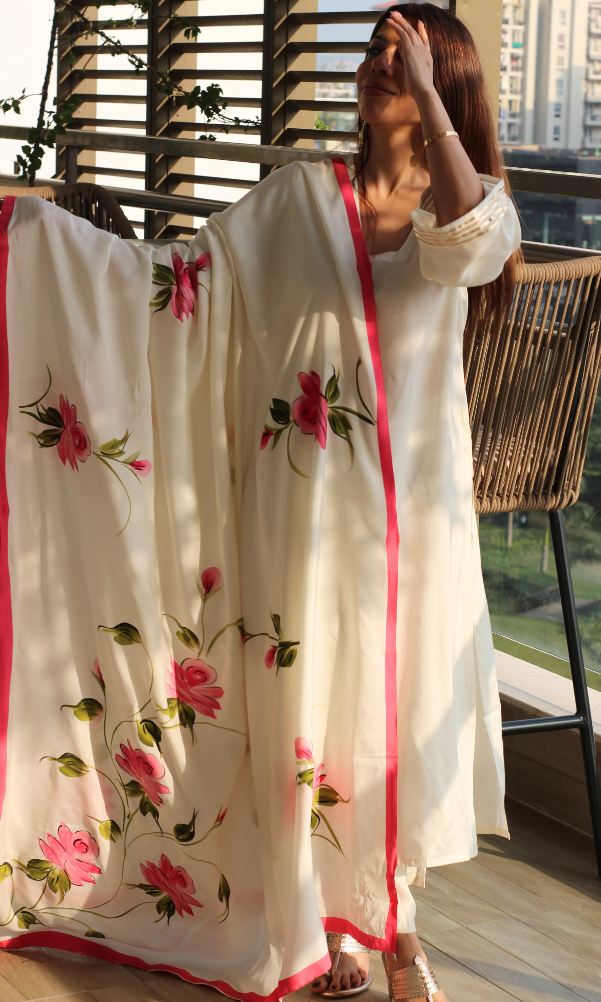 Rosette Ivory Muslin Silk Suit with Muslin Hand Brush Painted Dupatta