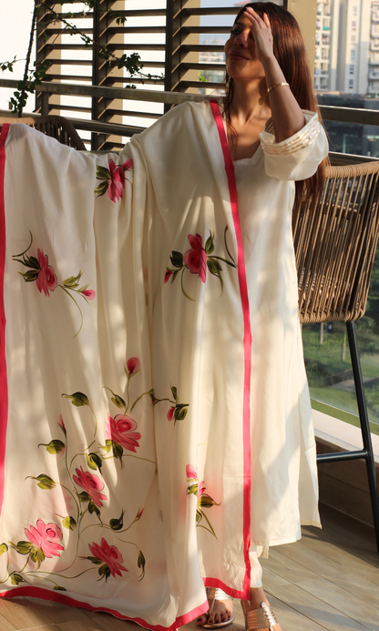 Rosette Ivory Muslin Silk Suit with Muslin Hand Brush Painted Dupatta