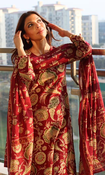 Ruhaani Ruby Block Printed Cotton Kurta, Dupatta & Afghani Style Pant