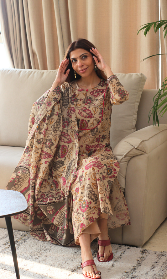 Cotton Beige & Pink Kalamkari Kurta, Cotton Pant & Cotton Kalamkari  Dupatta