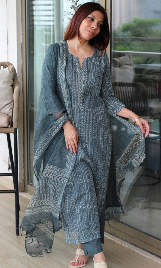 Kota Doria Charcoal Green Handblock Print Kurta, Dupatta with Cotton Pants