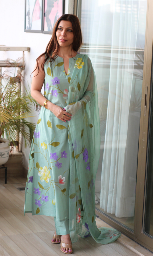 Cotton Mint Blossom Handpainted A line Sleeveless Kurta, Chiffon Handpainted Dupatta & Cotton Pants