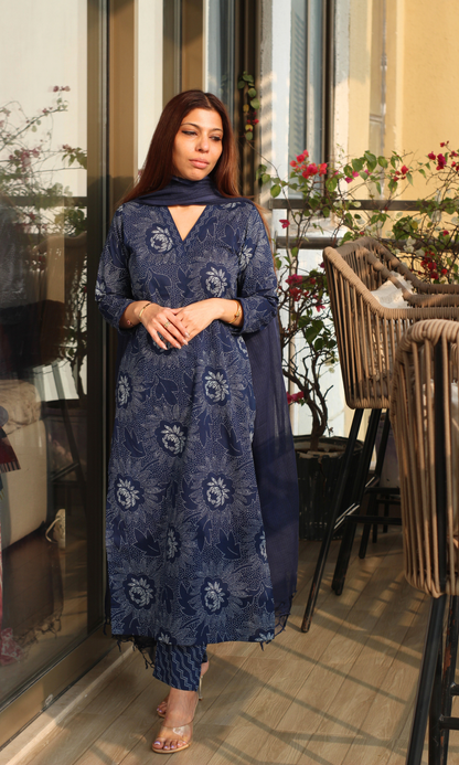 Cotton Navy Freckled Flower Printed Kurta, Pant & Kota Dupatta