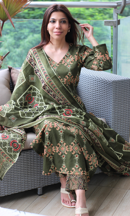 Rustic Olive Cotton Block Printed Kurta, Pant & Dupatta