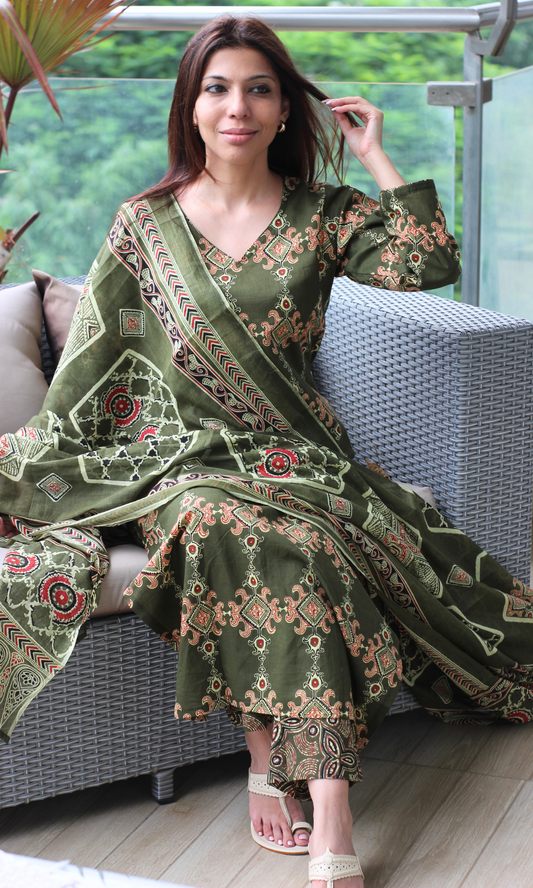 Rustic Olive Cotton Block Printed Kurta, Pant & Dupatta