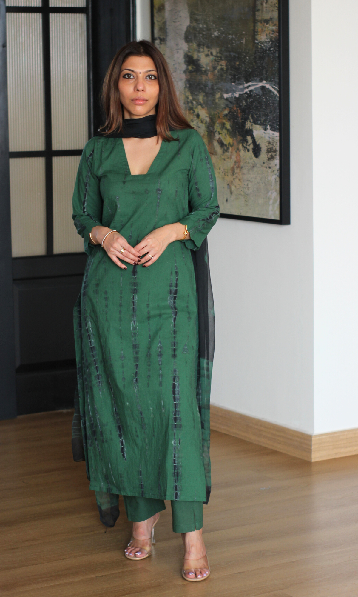 Deep Green & Black Tie & Dye Kurta, Shibori Chiffon Dupatta & Cotton Pants